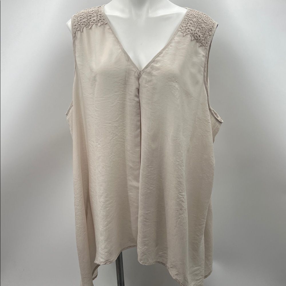 Spense Woman Cream Sleeveless Blouse with Lace Detail and Handkerchief cut